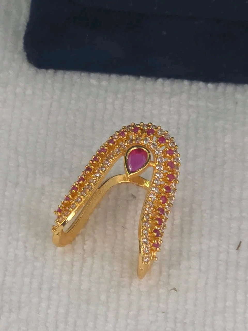 Gold Plated Wavy Ring with Ruby Emerald and White Stones thumbnail 5