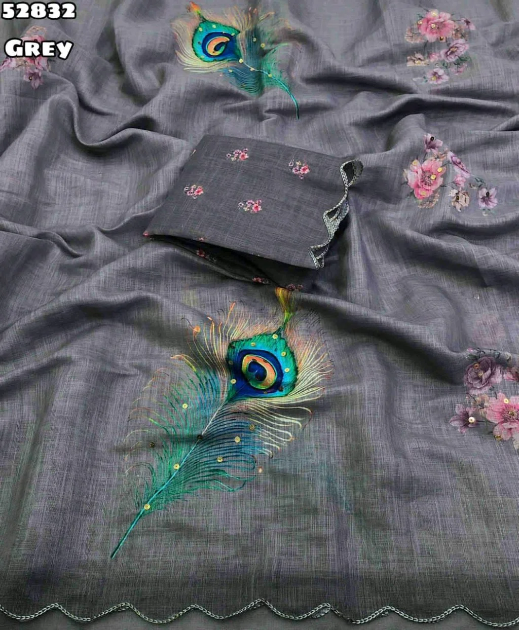 Soft Lenin With Peacock Feather Embroidered Saree with Floral Blouse thumbnail 5