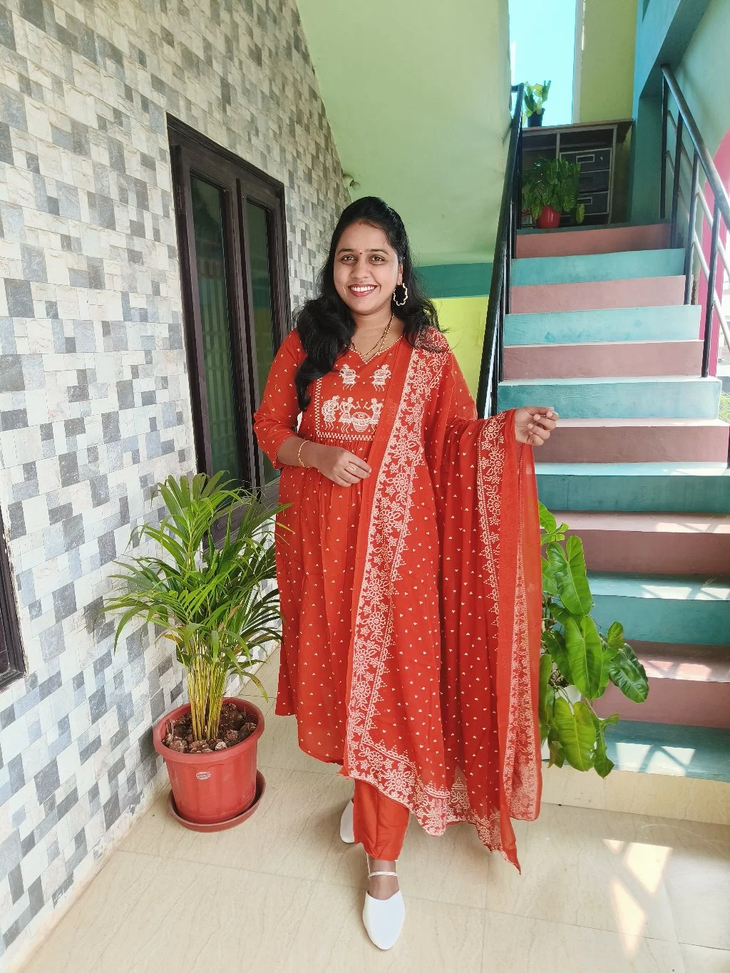 Terracotta Red Embroidered Kurta Set with Dupatta