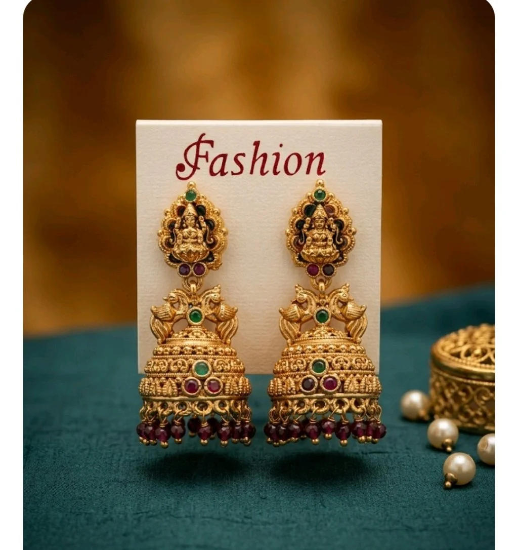 Gold Plated Temple Jhumka Earrings with Ruby and Emerald