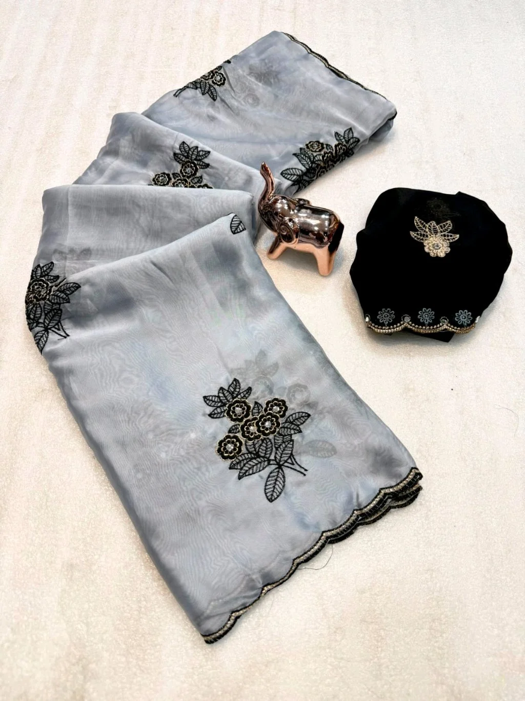 Rangoli Silk Saree with Black Floral Embroidery and Designer Blouse thumbnail 1