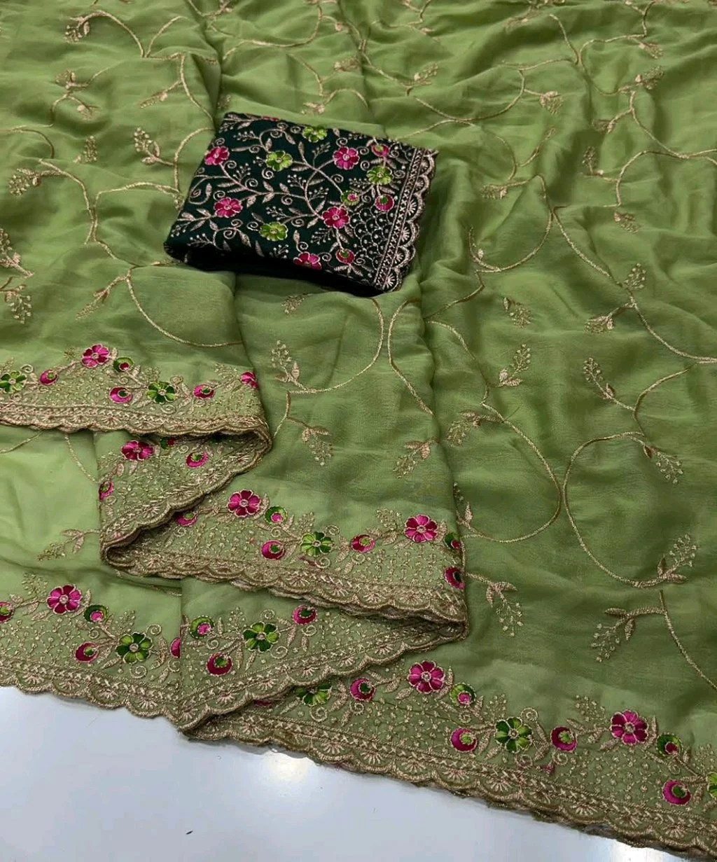 Star Georgette Saree with Floral Embroidery and Blouse 9