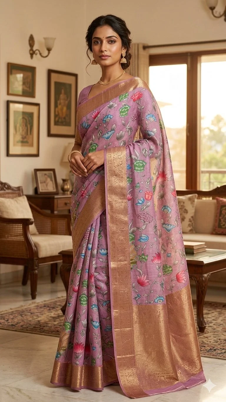 Pink Floral Print Silk Blend Saree with Gold Zari Border