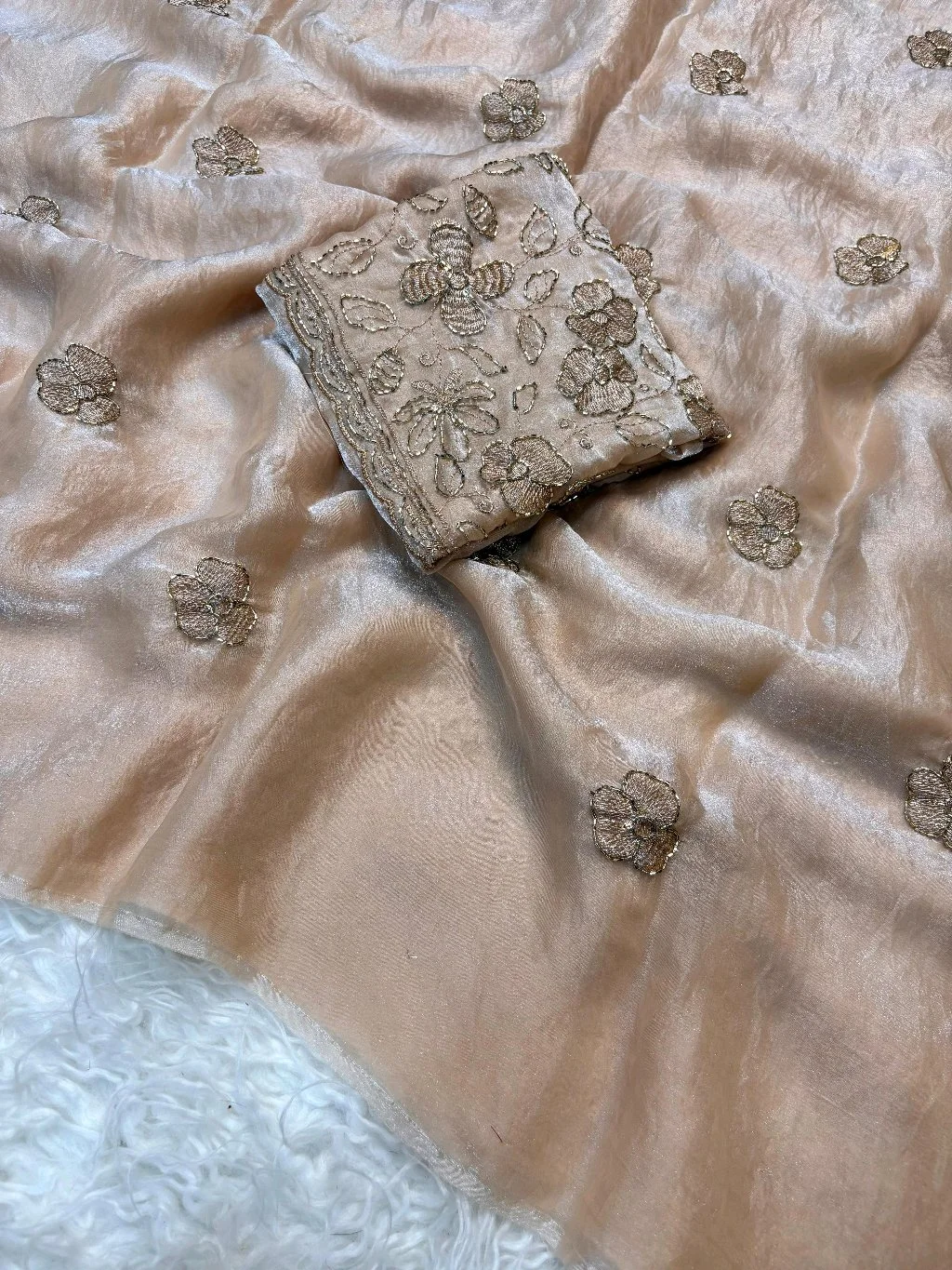 Space Silk Saree Fabric with Gold Floral Embroidery thumbnail 2
