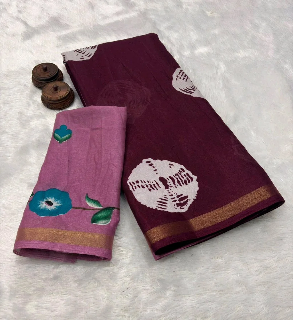 Mul Mul Cotton  Saree with Handpainted Floral Blouse Piece 6
