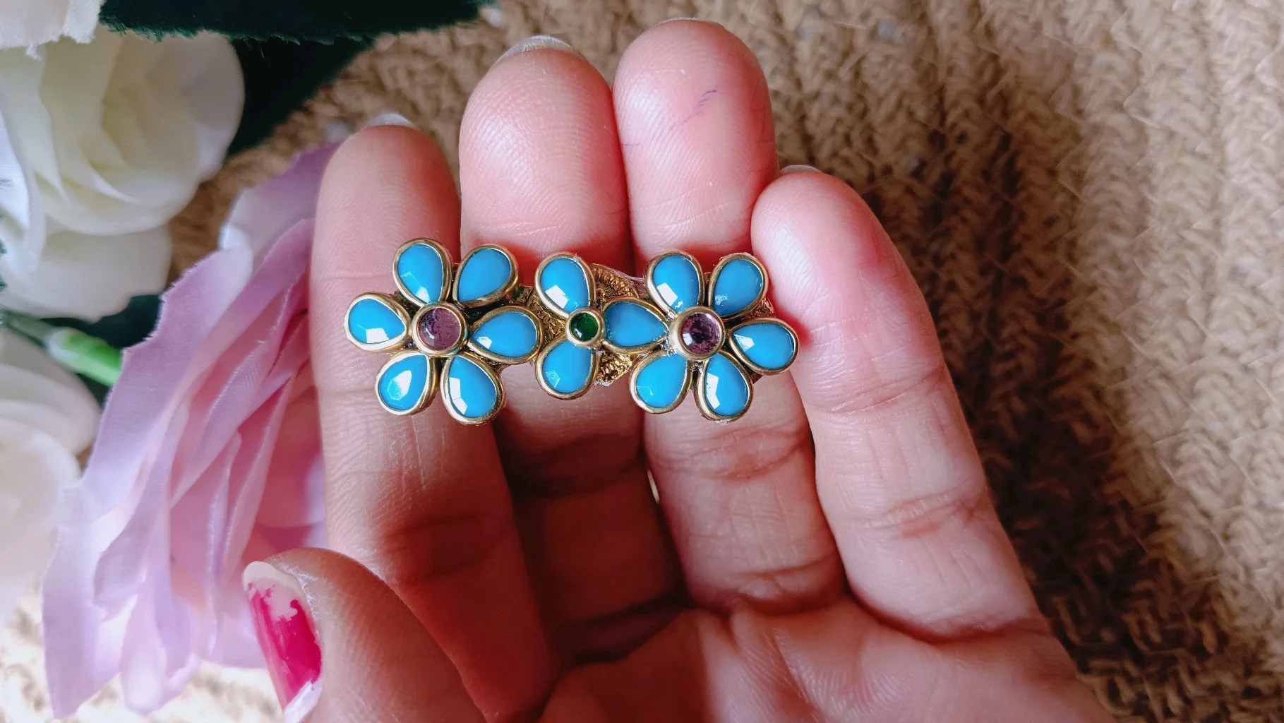 Blue Enamel Floral Saree Brooch Pin