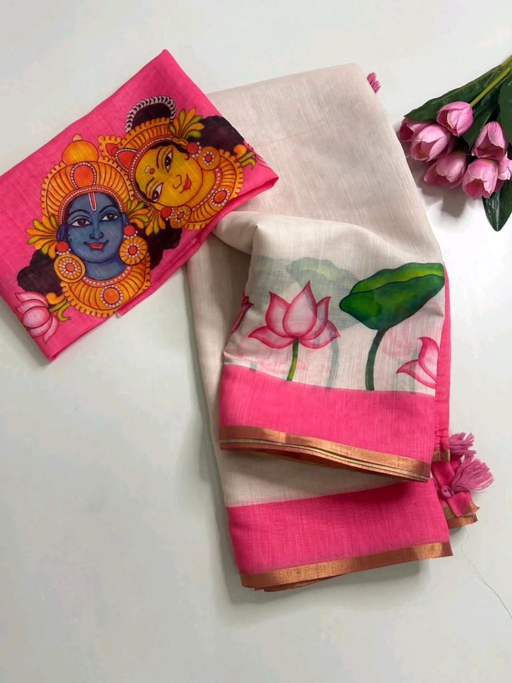 Handpainted Linen Saree with Lotus Design and Mural Art Blouse 2