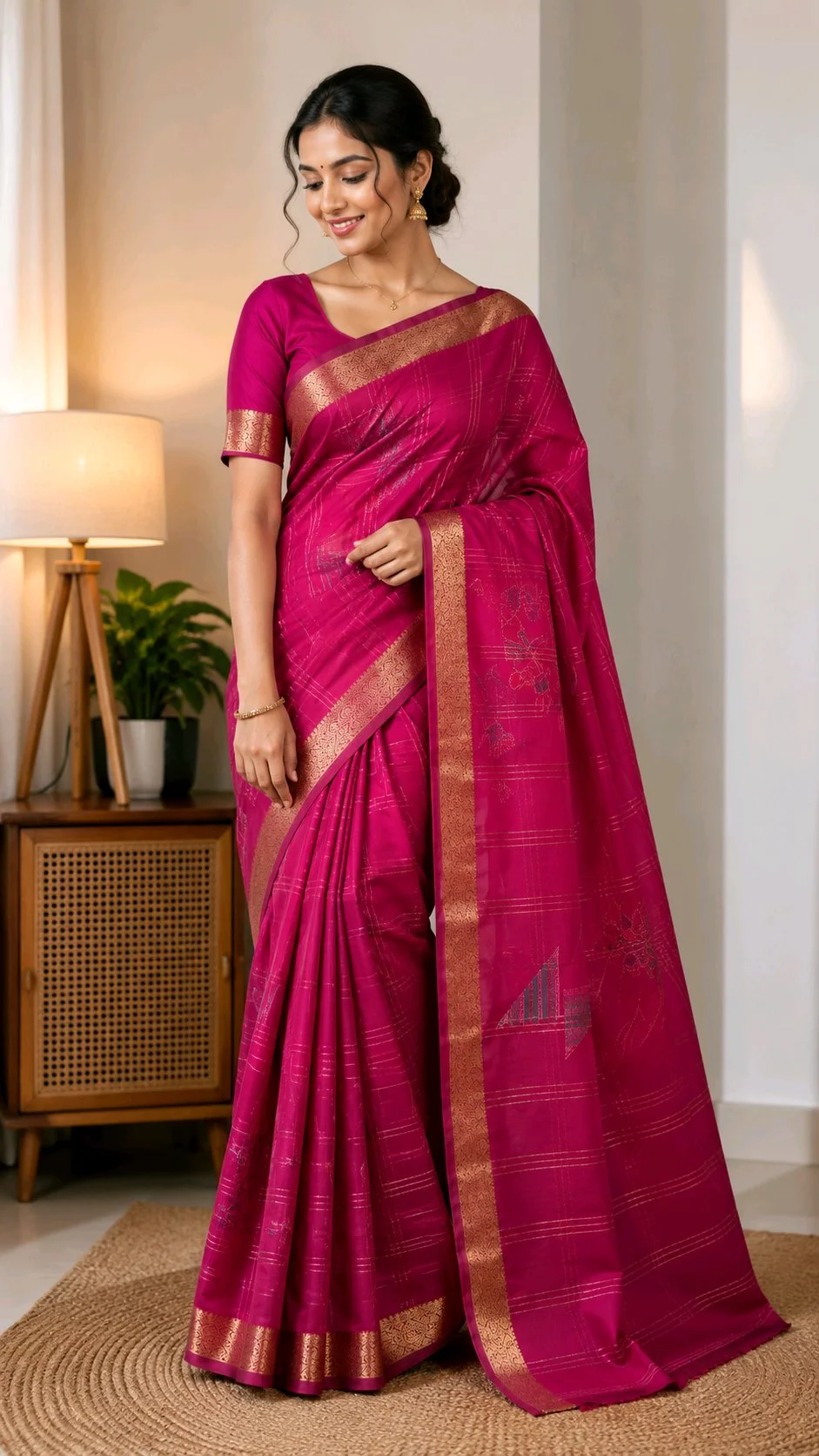 Pink Silk Blend Saree with Gold Checkered Pattern and Zari Border thumbnail 1