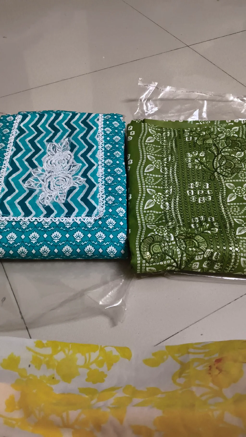 Teal and White Zigzag Embroidered Dress Material