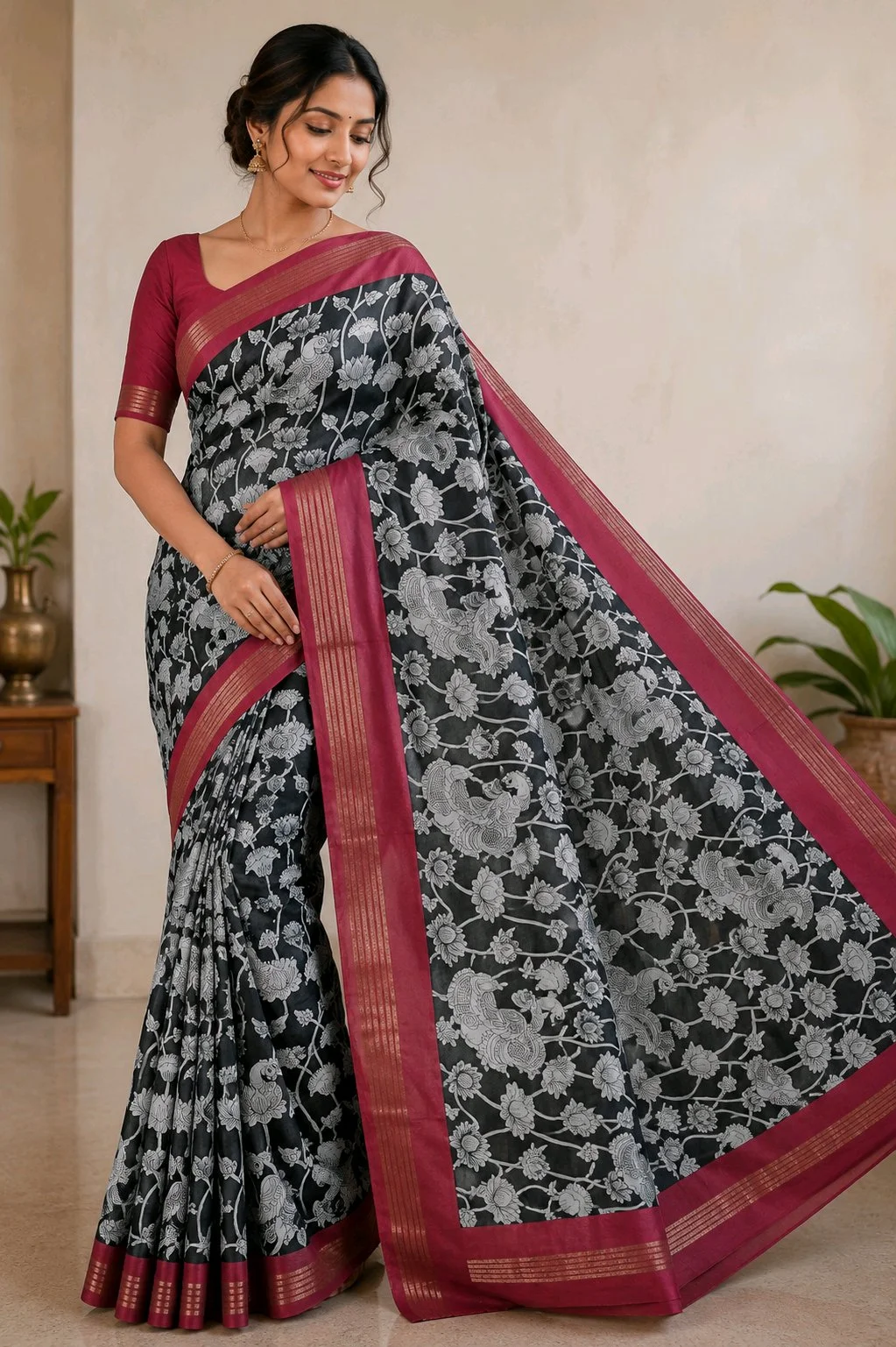 Maheshwari Silk Sarees,Black Silver Floral Print Saree with Maroon Border thumbnail 1