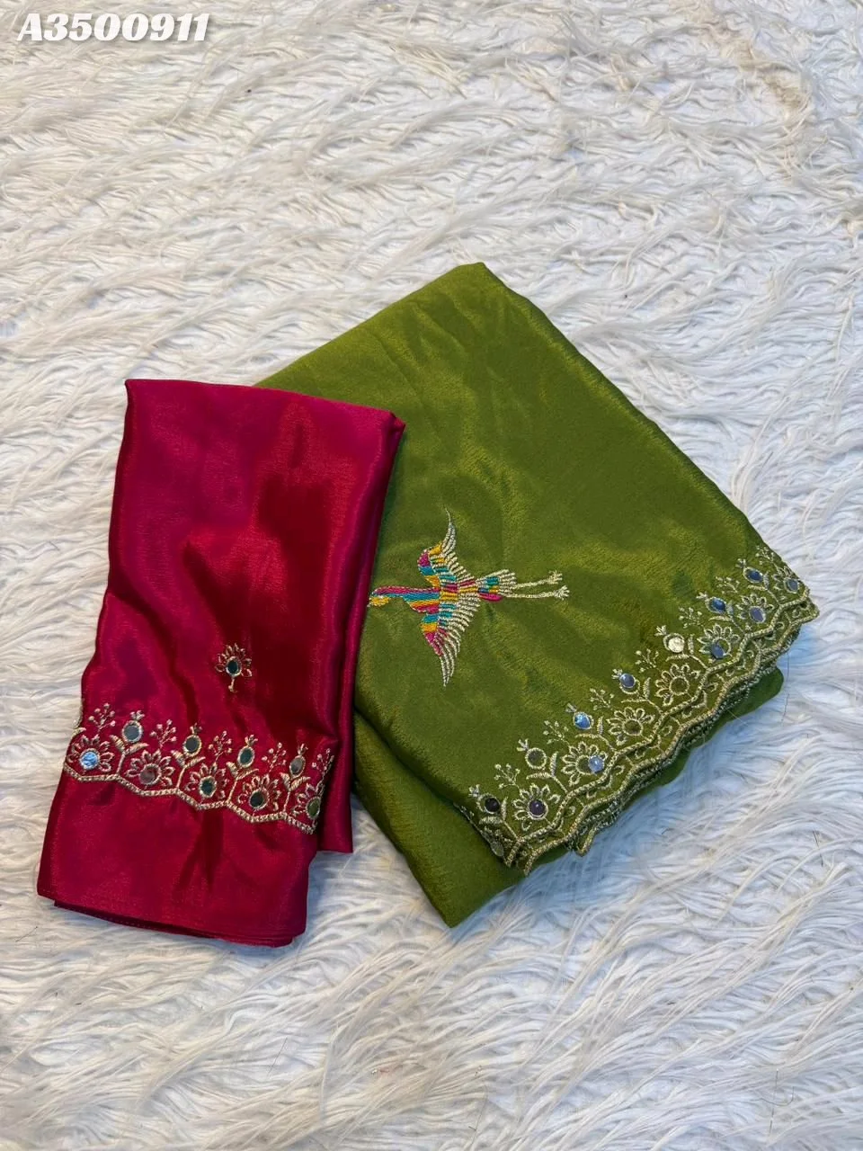 *Super Hit Design*Soft Rangoli silk with embroidery work and mirror work all over beautiful flavours and work Emrodairy Full Worked Saree With contrast Blouse *Price~ 999 free shipping Ready Stock