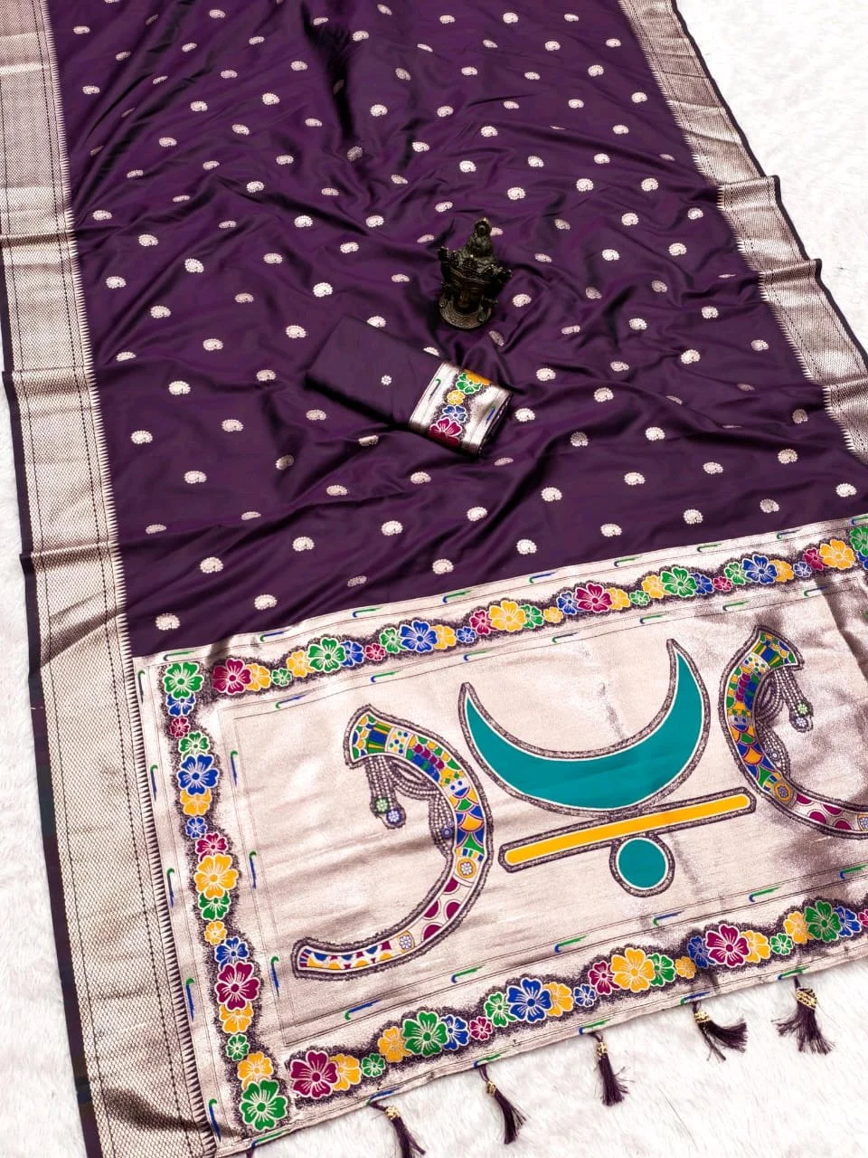 Banarasi Silk Blend Saree with Silver Zari and Paithani Inspired Pallu 4