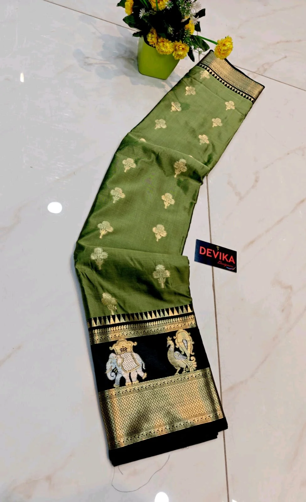 New Kanjivaram Soft Pattu Silk Blend Saree with Gold Zari Elephant Peacock Border 1