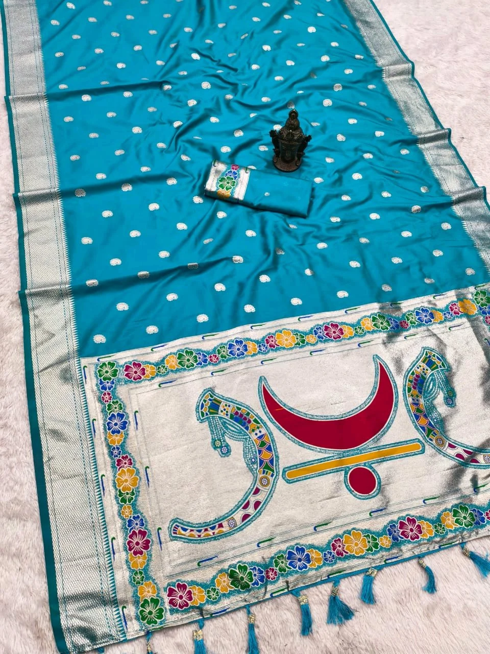 Banarasi Silk Blend Saree with Silver Zari and Paithani Inspired Pallu
