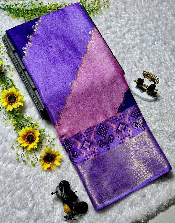Dual Tone Purple Pink Silk Saree with Zari Weave and Ikat Border