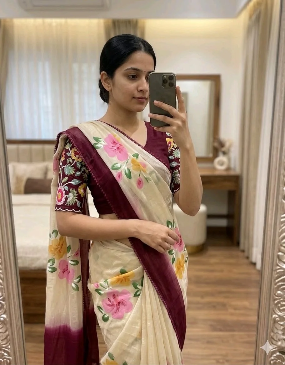 Grey Tie Dye Floral Printed Saree with Embroidered Blouse 3
