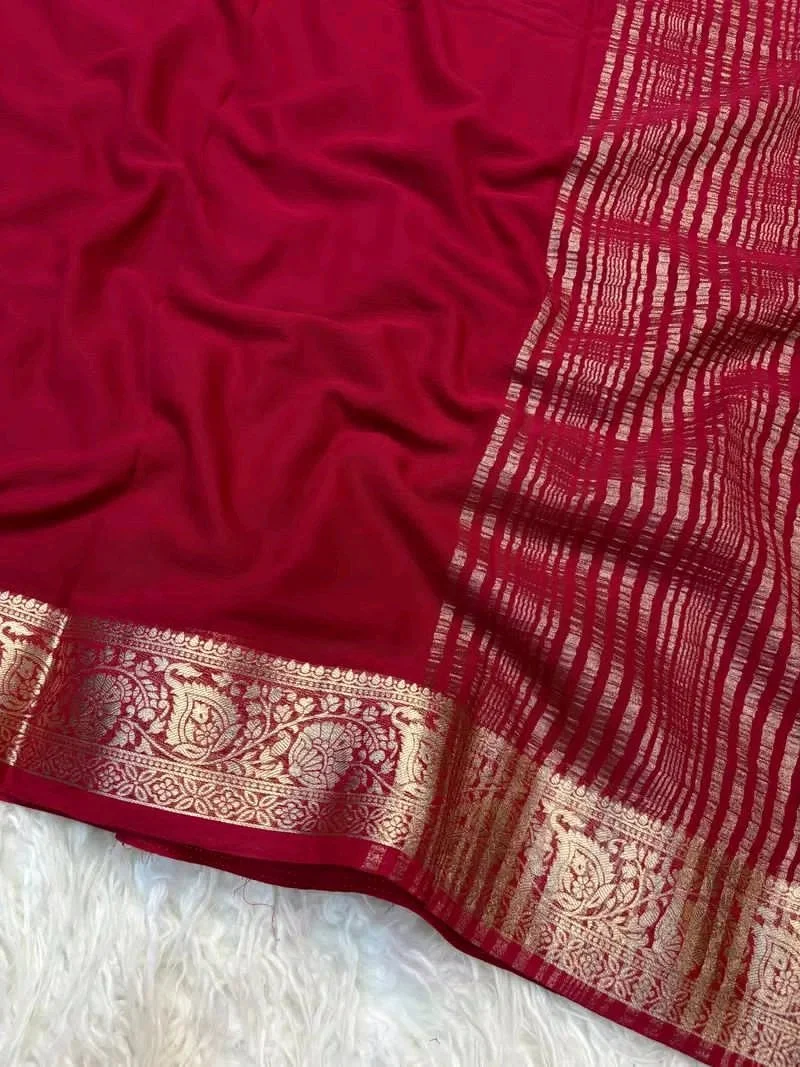 Viscose Crepe Georgette Saree with Gold Zari Border and Striped Pallu 1
