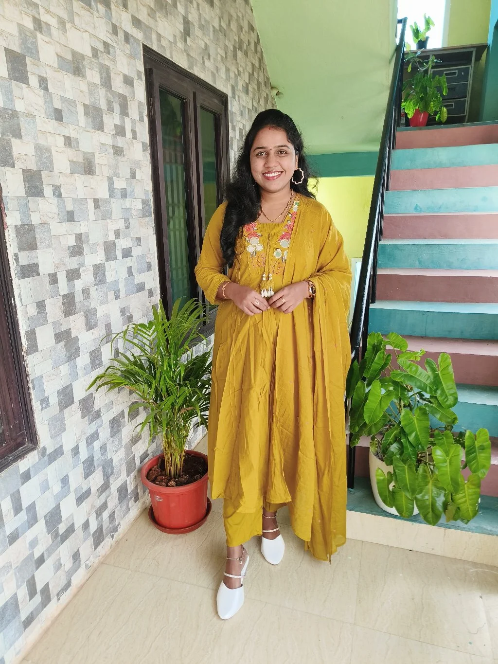 Mustard Yellow Embroidered Kurta Set with Floral and Mirror Work thumbnail 2