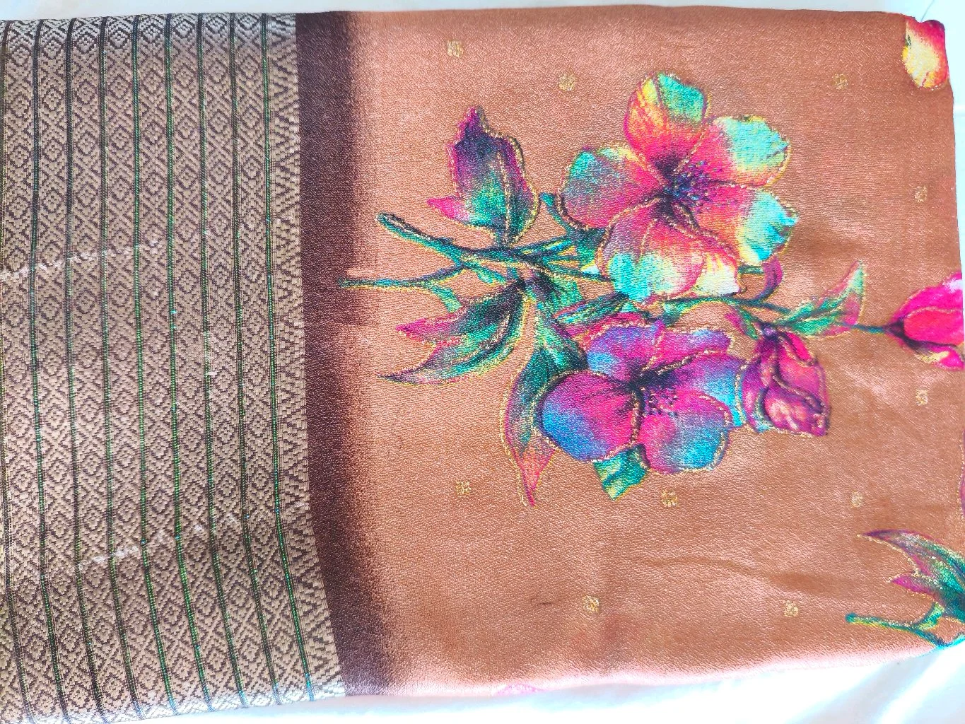 Bronze Floral Print Saree with Woven Border