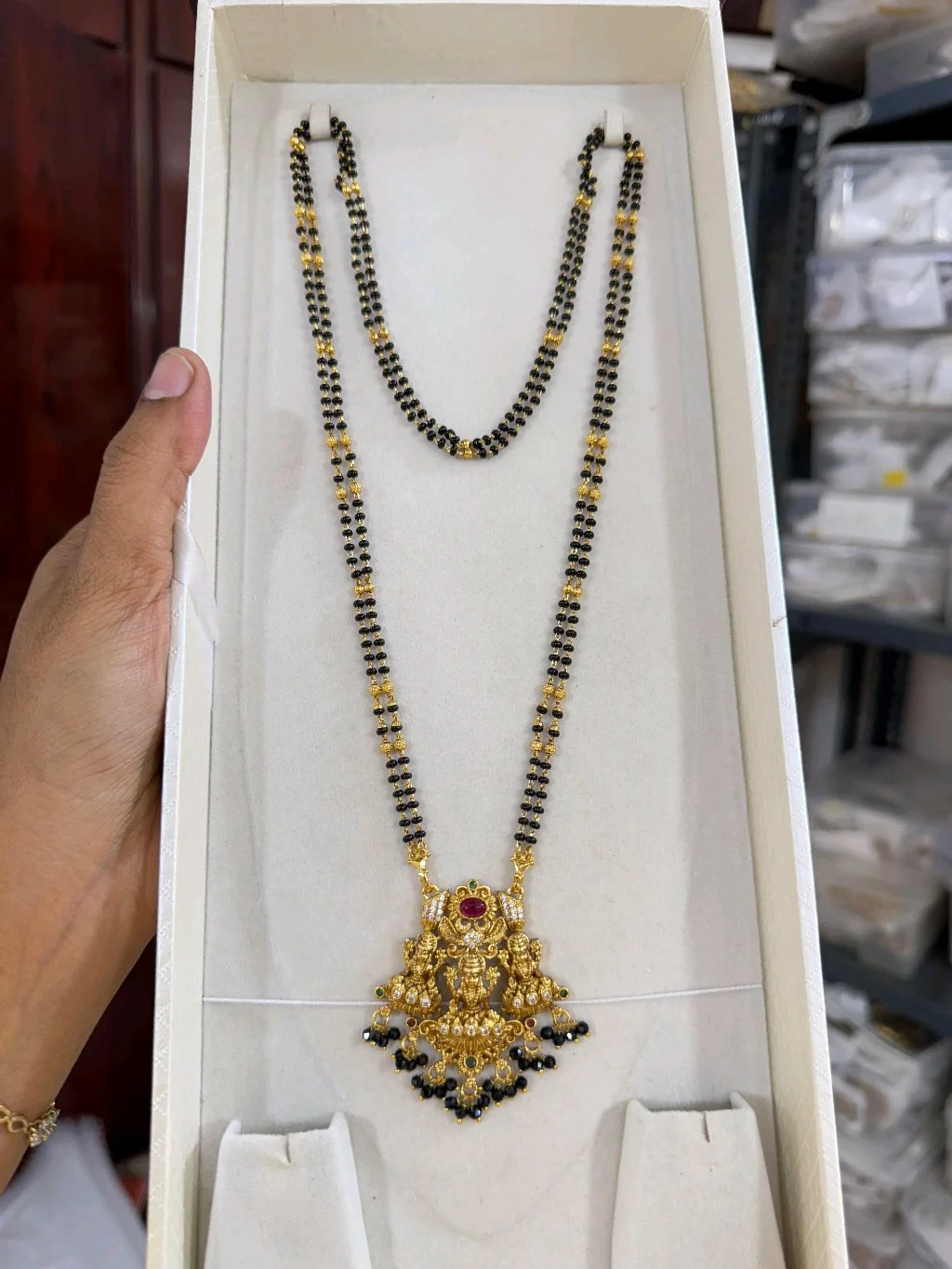 Gold Plated Black Bead Mangalsutra with Lakshmi Pendant