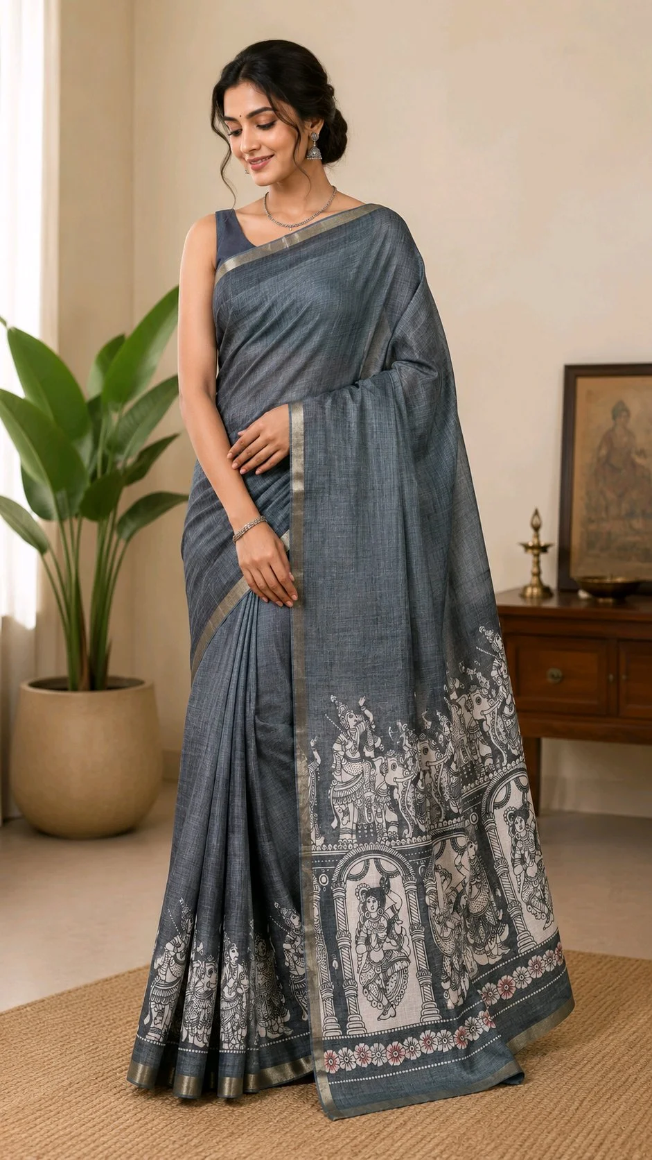 Grey Kalamkari Print Linen Maheshwari Saree thumbnail 1