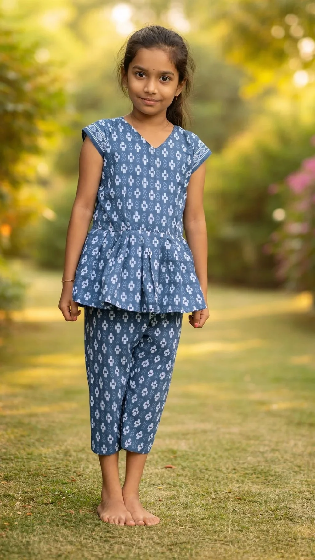 Blue Geometric Print Cotton Peplum Top and Capri Set for Girls
