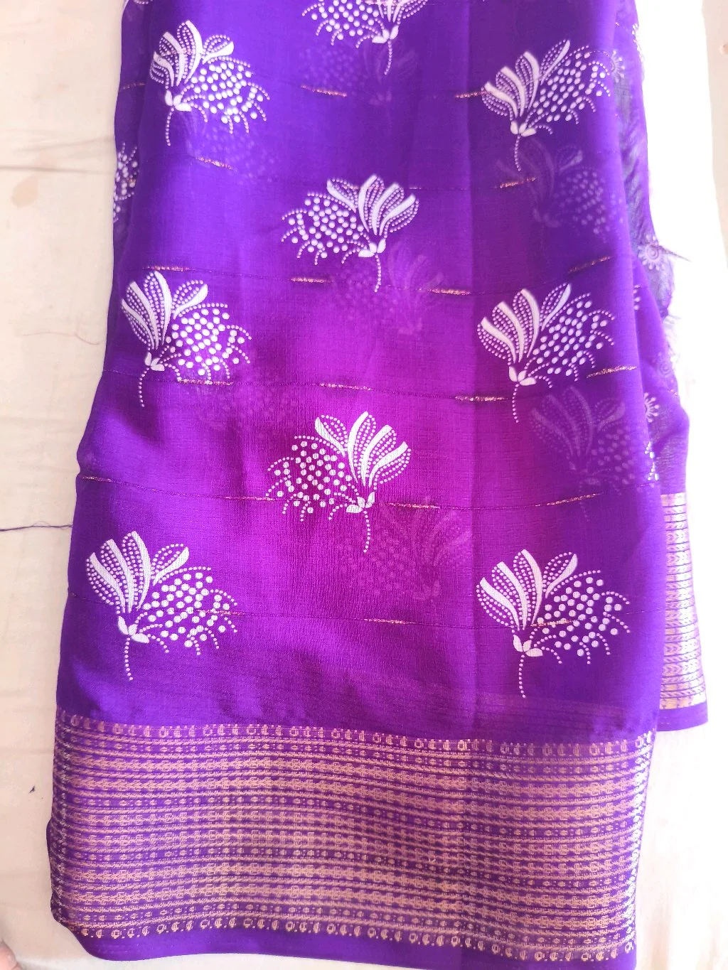 Purple Chiffon Saree with White Floral Print and Gold Border