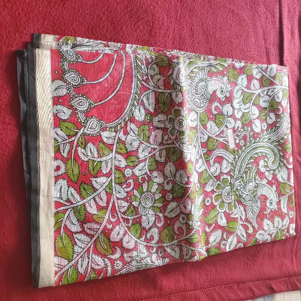 White Kota Saree With Red & Green Kalamkari Floral Bird Print Cotton Saree thumbnail 1