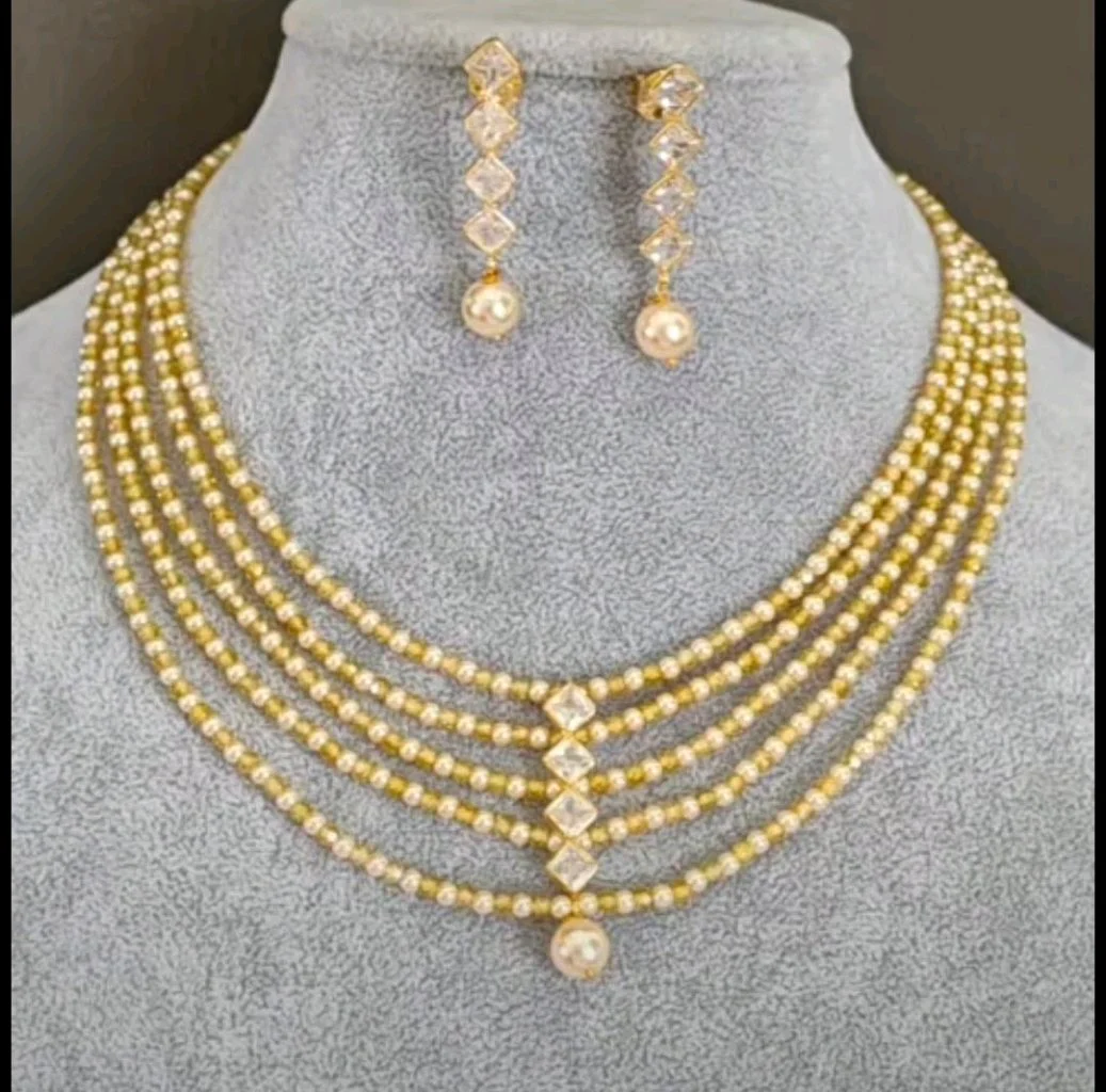 Multi Strand Pearl Necklace Set with CZ Stones thumbnail 3