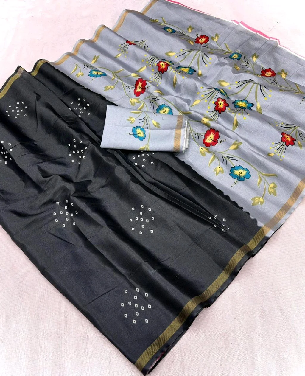 Grey and Black Dual Tone Saree with Floral Print and Bandhani Dots