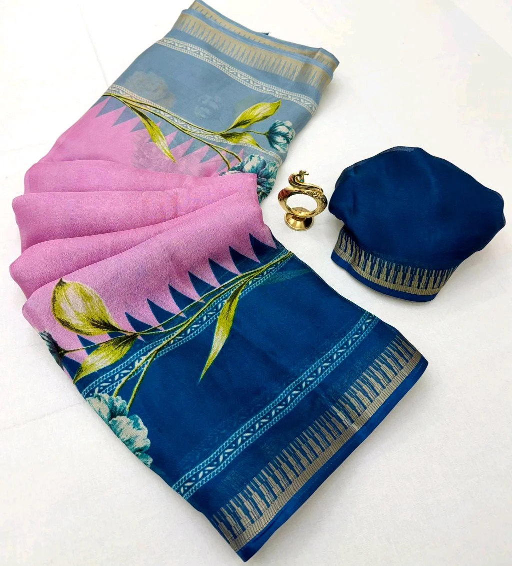 Heavy Marshmellow Blooming Colour Sarees with Contrast Blouse thumbnail 5