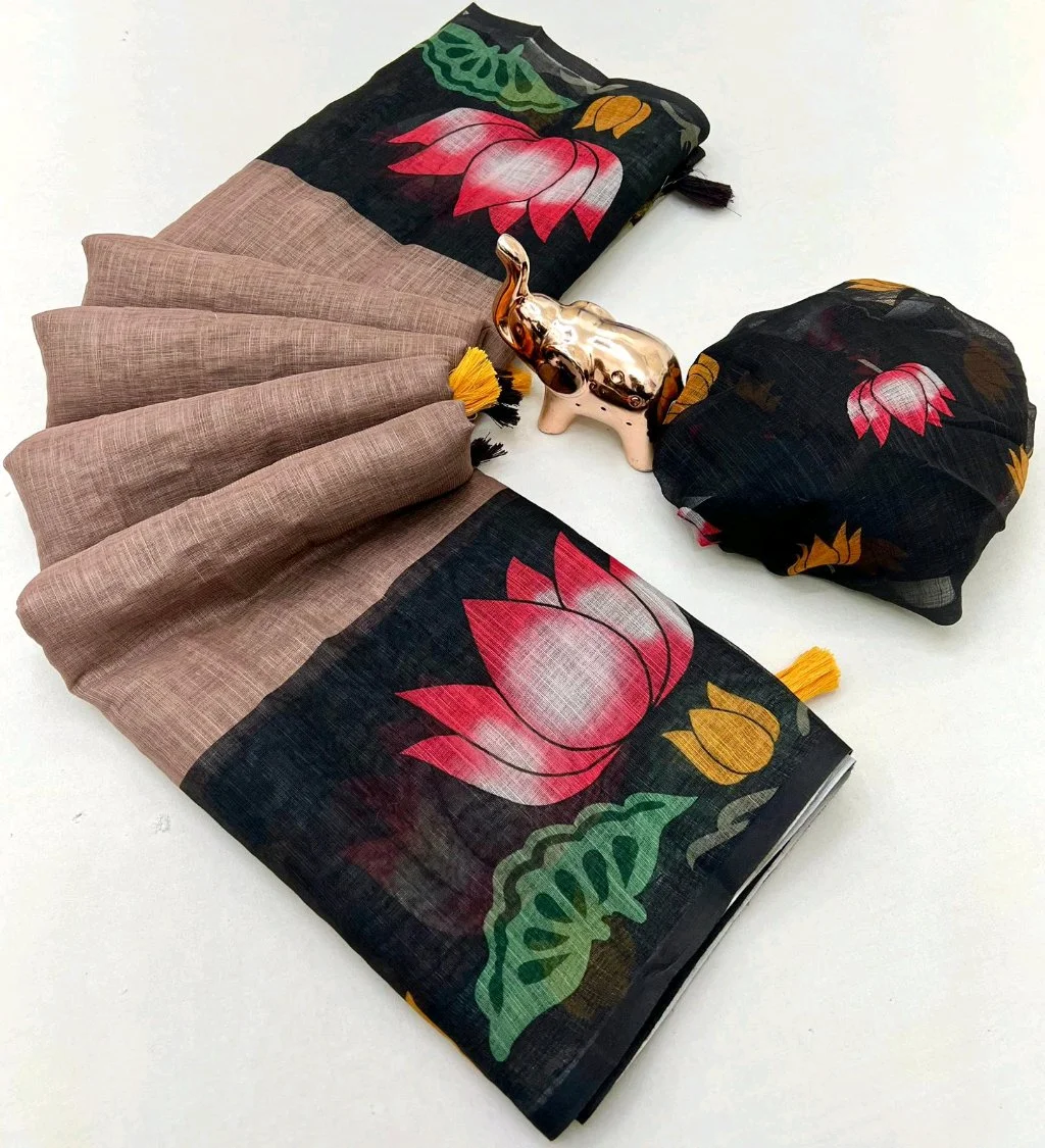 Abha Linen Saree with Elephant Digital Print 5