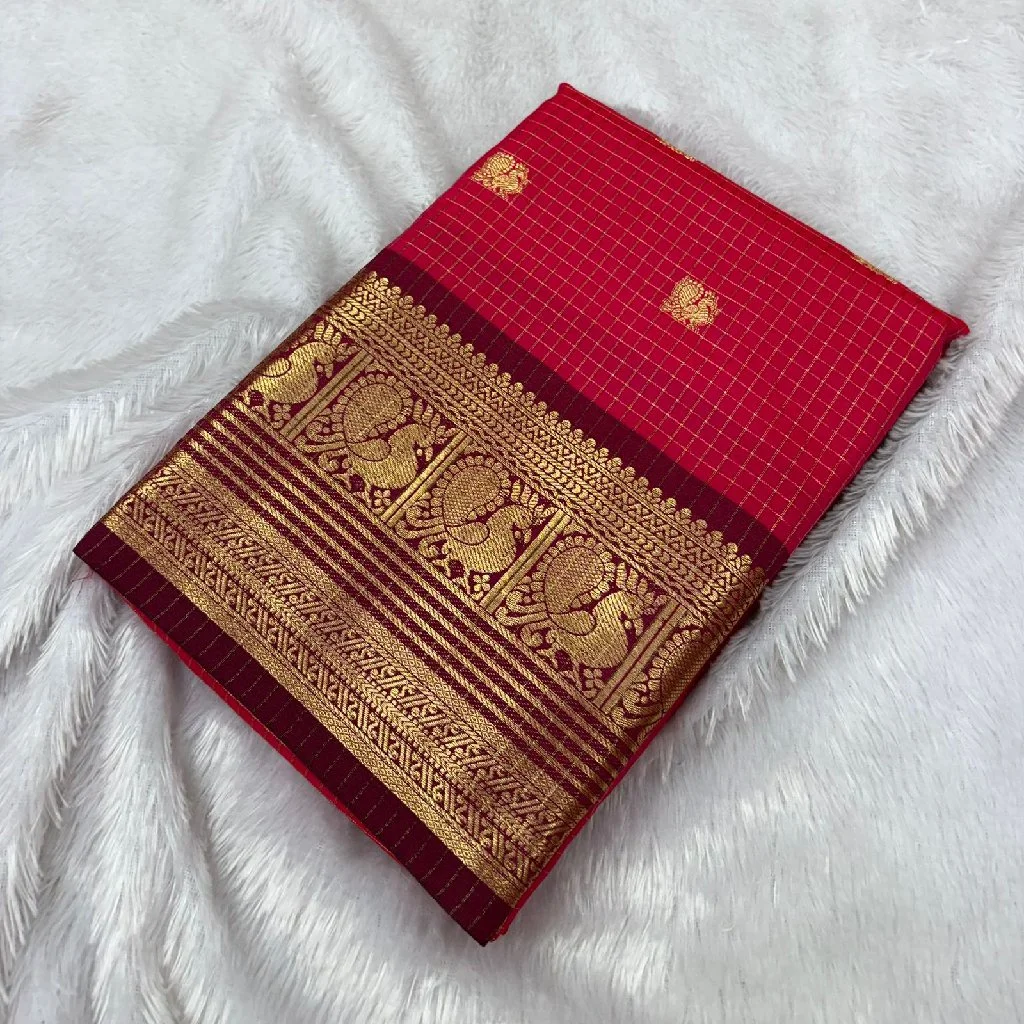 Orange Kanchipuram Semi Silk Saree with Peacock Zari Border 4