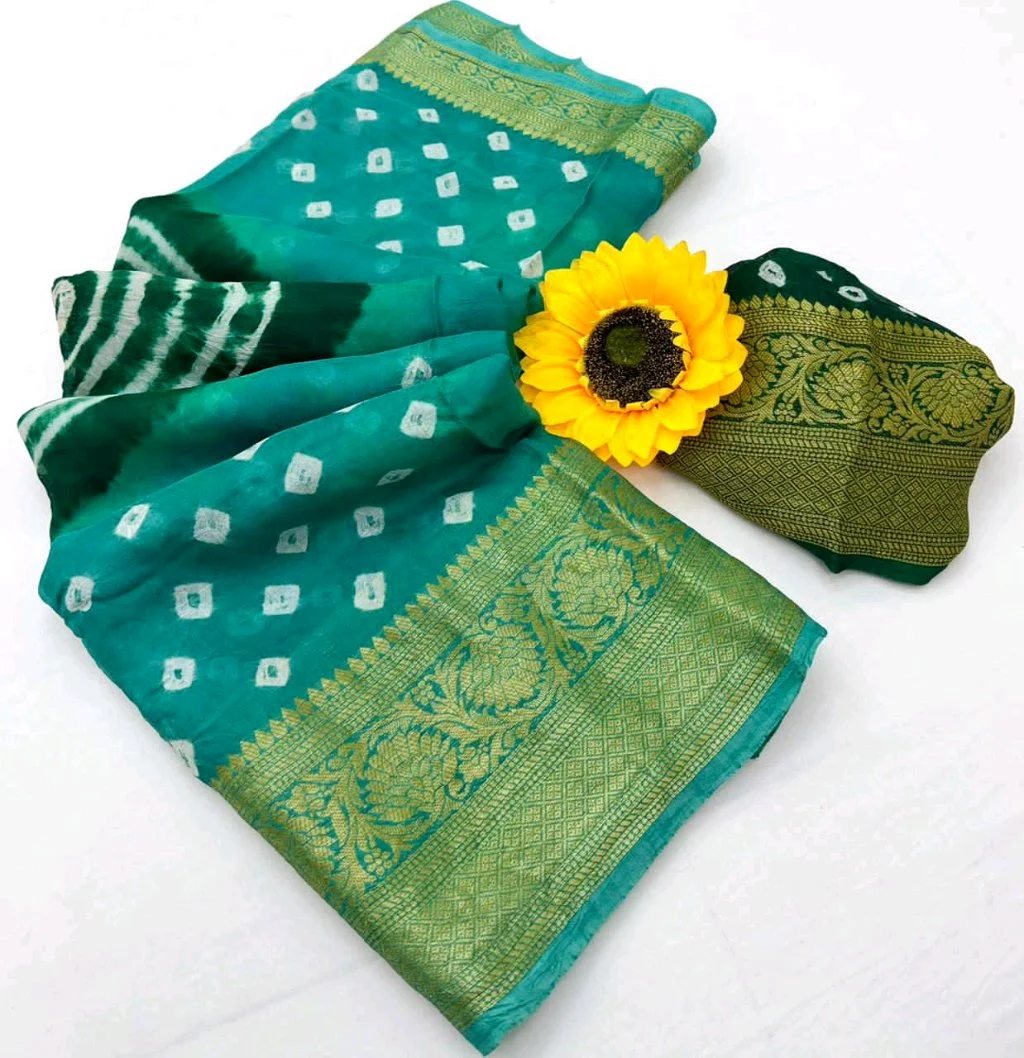 Kanjivaram  Bandhani Saree with Gold Zari Border 5