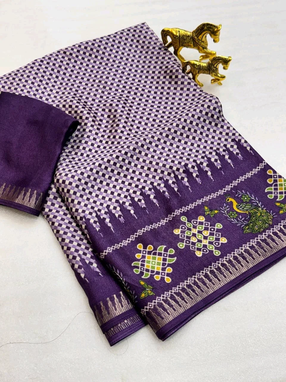 Purple Checkered Saree with Peacock and Kolam Pallu 3