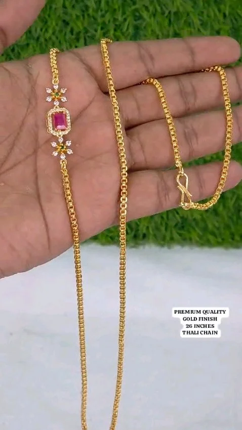 Premium Quality Gold Finish 26 Inch Thali Chain with Stone Pendant