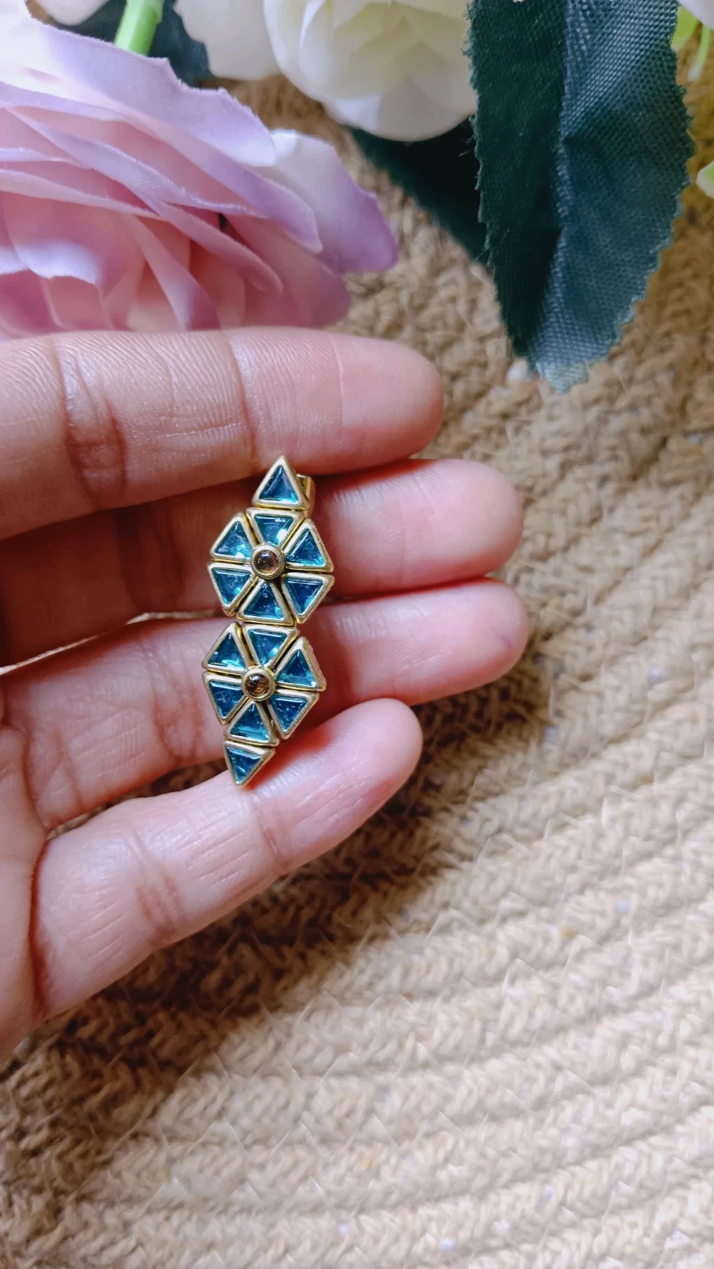 Geometric Blue Enamel Gold Tone Saree Brooch Pin