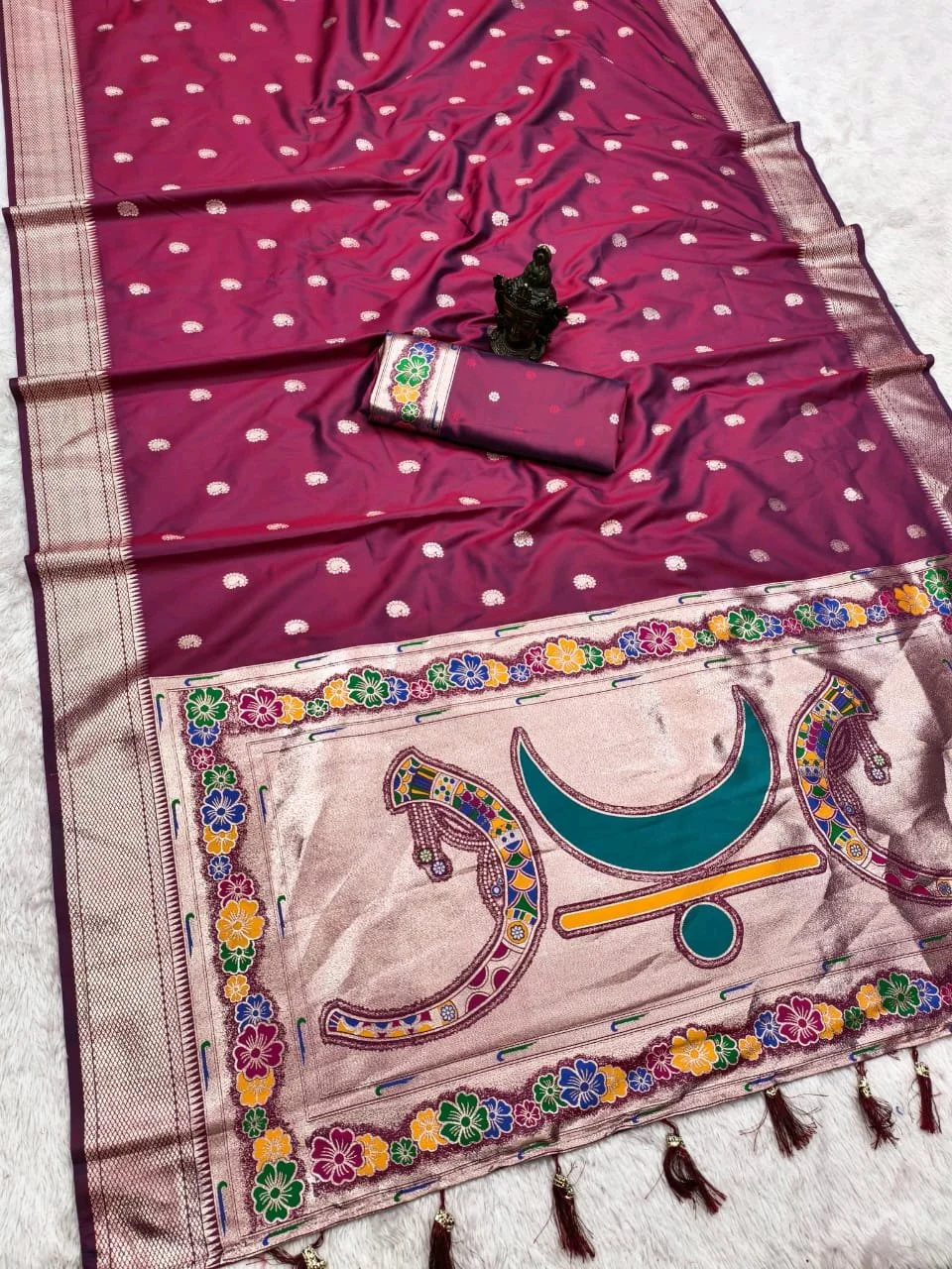 Banarasi Silk Blend Saree with Silver Zari and Paithani Inspired Pallu 10