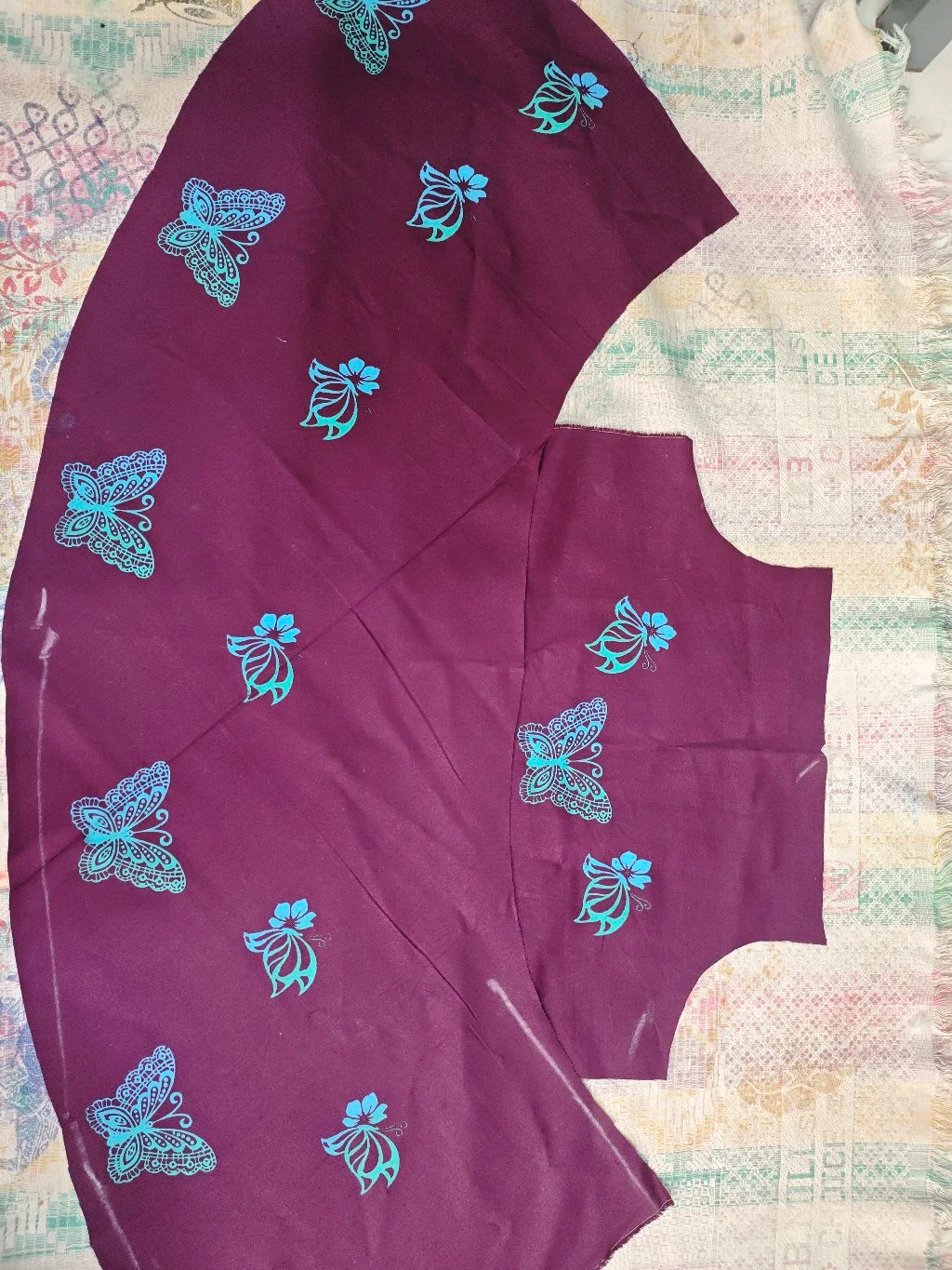 Purple Fabric with Blue Butterfly and Floral Print thumbnail 1