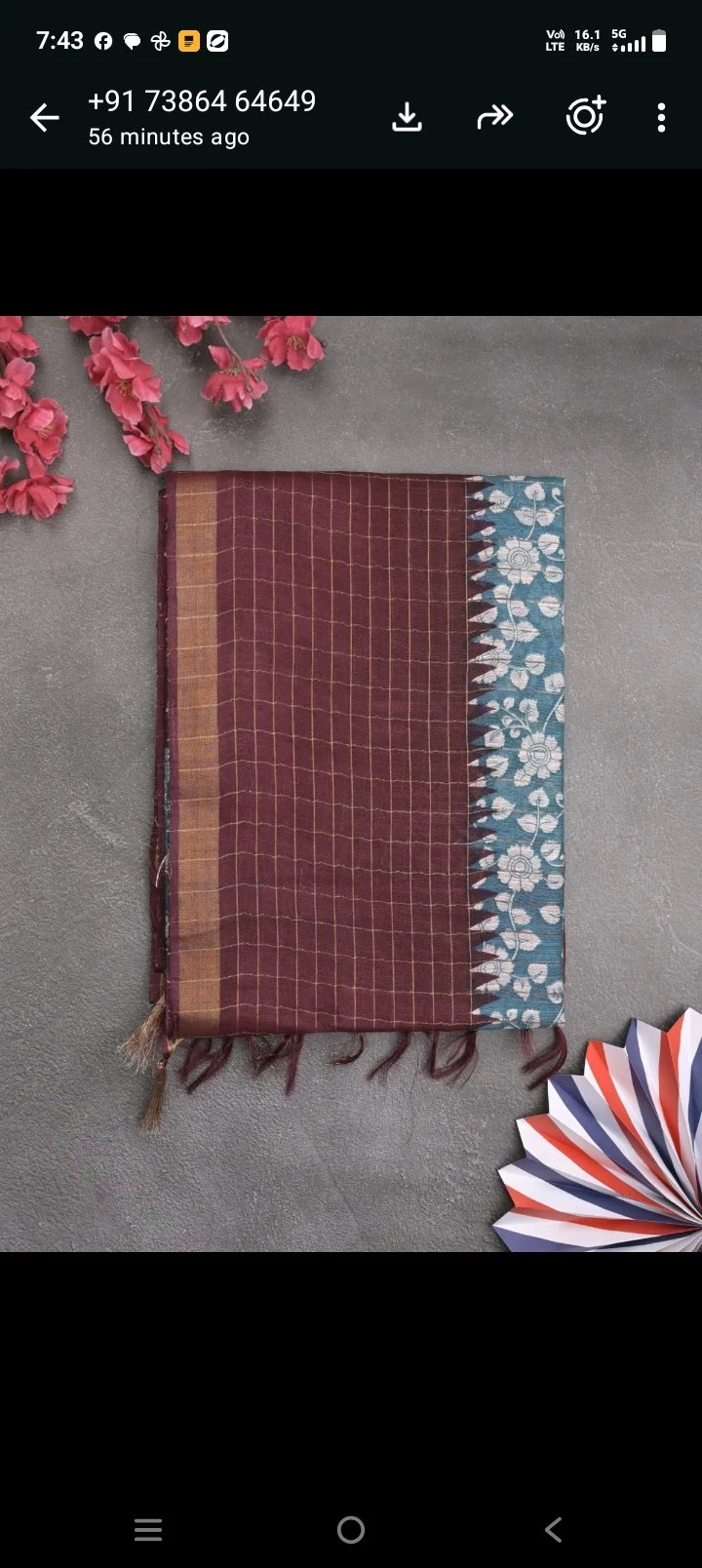 Maroon Checkered Saree with Teal Floral Border thumbnail 1