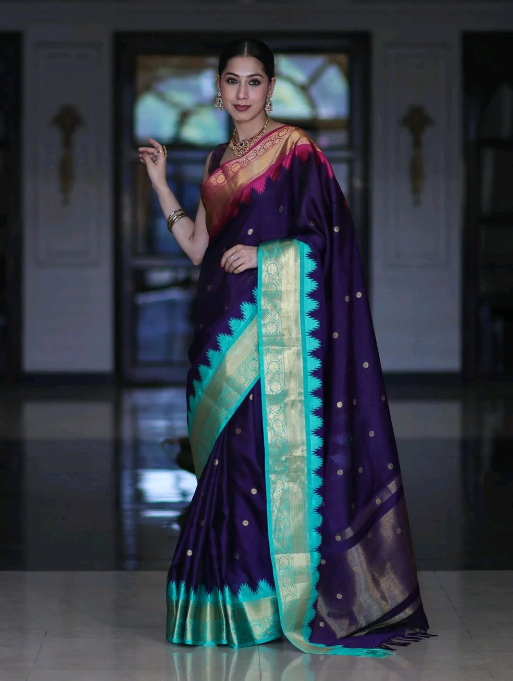 Katan Silk Purple Saree with Gold Zari Buttas and Dual Borders thumbnail 3