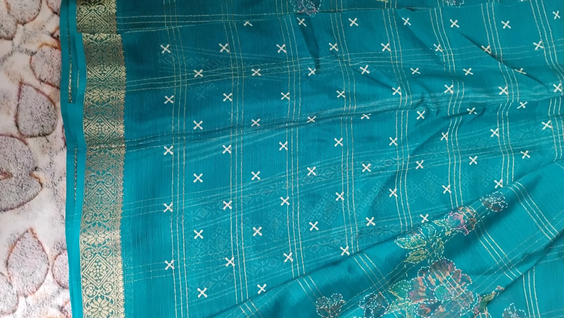 Teal Blue Checkered Saree with Floral Embroidery and Zari Border thumbnail 4