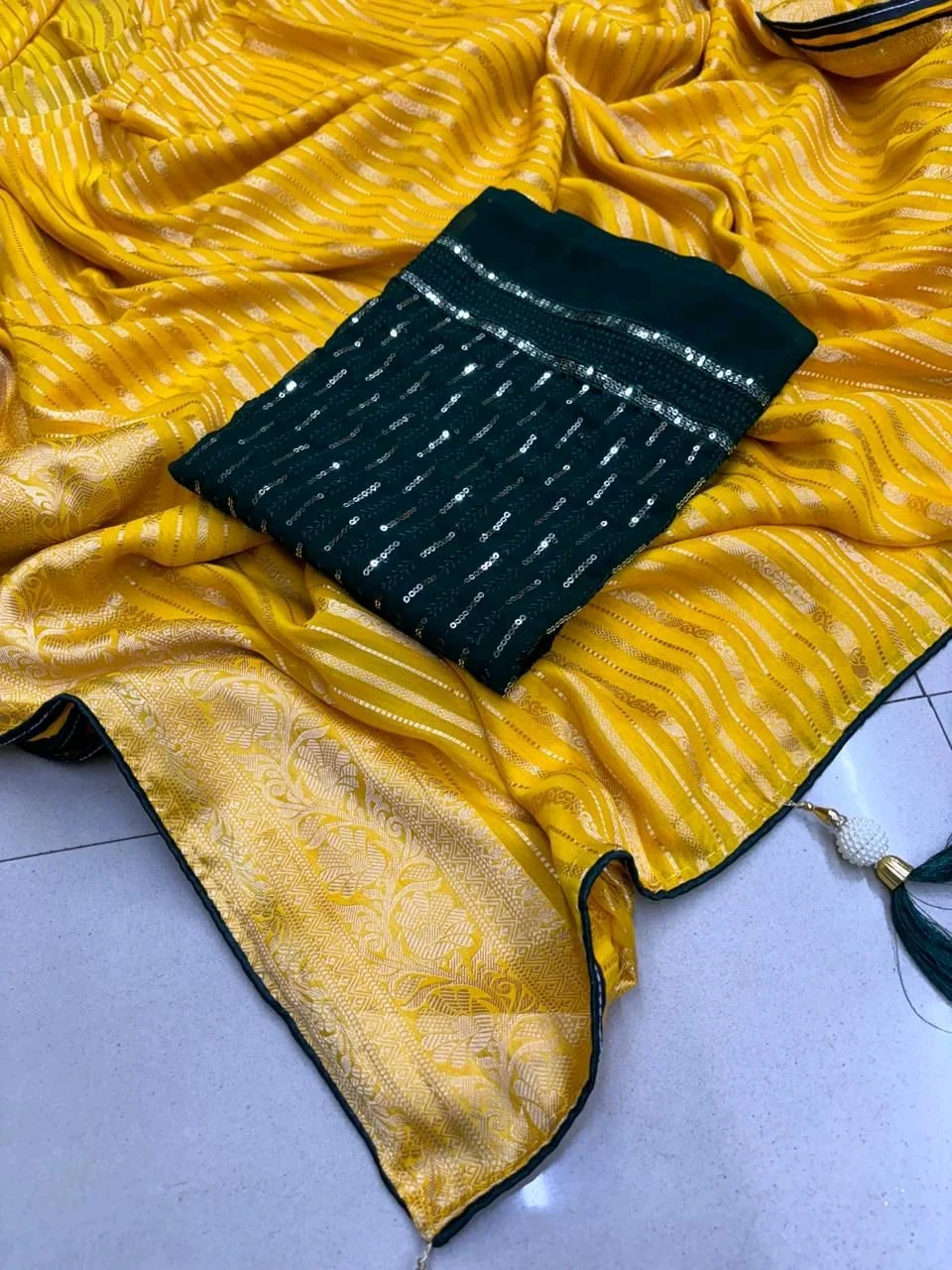 Yellow Zari Woven Saree with Maroon Sequin Blouse Piece thumbnail 5