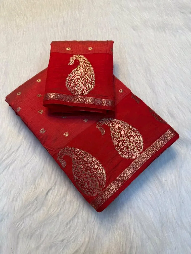 Soft Tusser  Silk Saree with Gold Zari Paisley Motifs 1