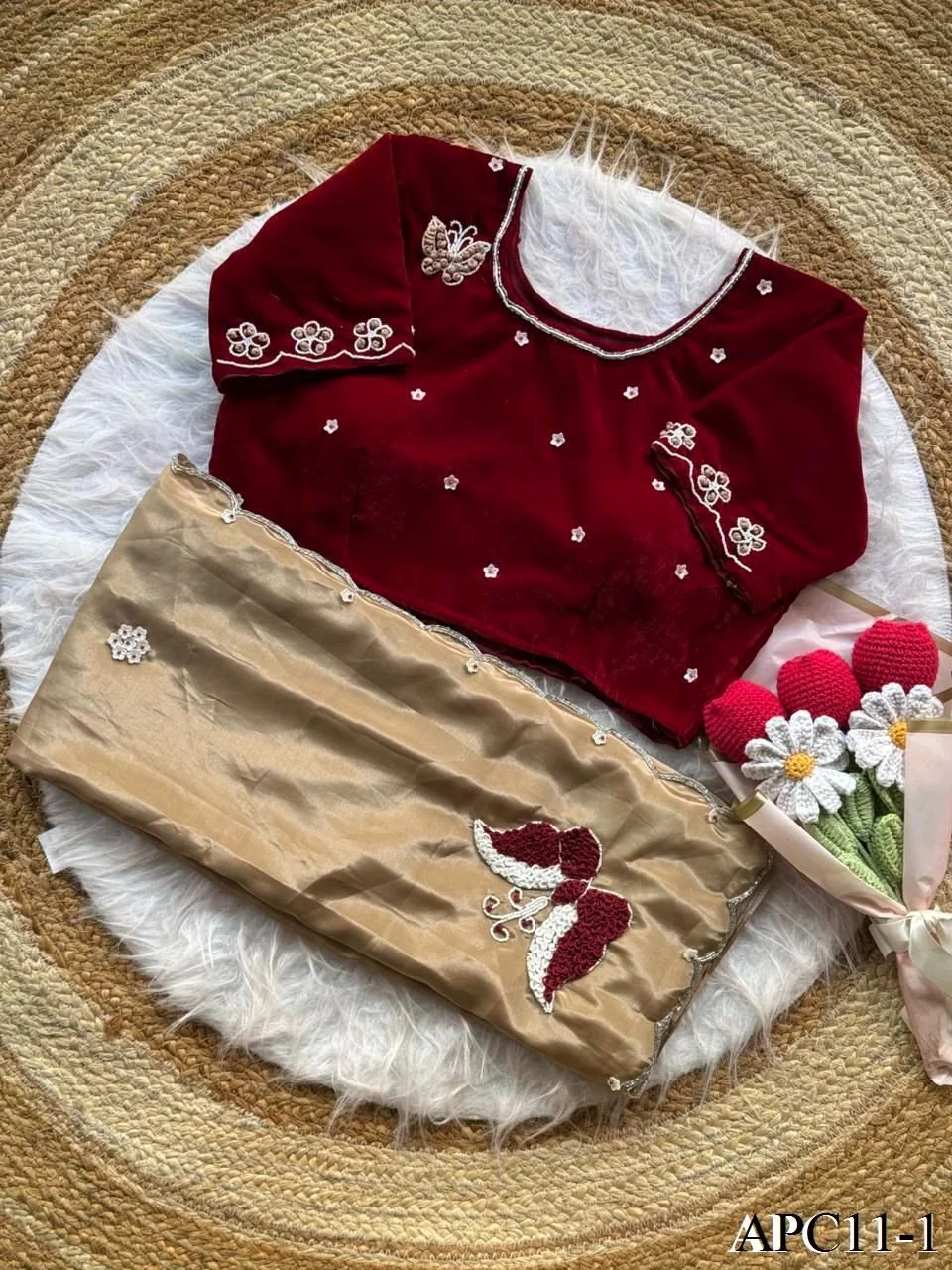 Maroon Velvet Saree with Beige Bottom and Floral Embroidery 1
