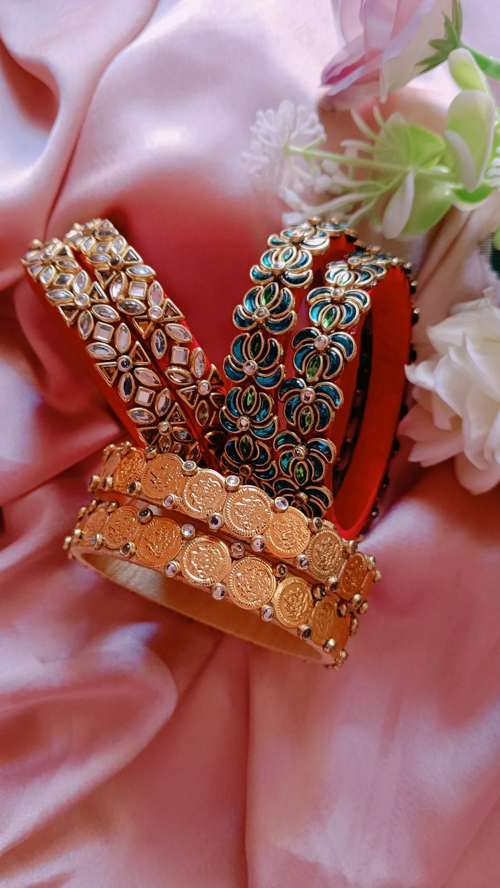 Assorted Traditional Bangle Set with Kundan Enamel and Coin Designs