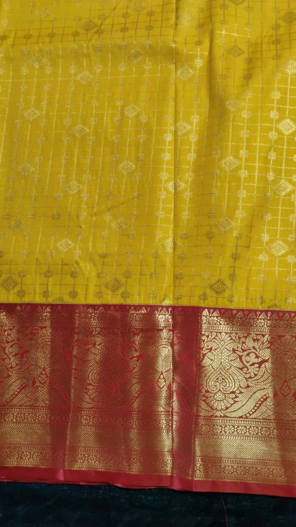 Pure Dharmavaram Yellow Saree with Red and Gold Zari Border thumbnail 3