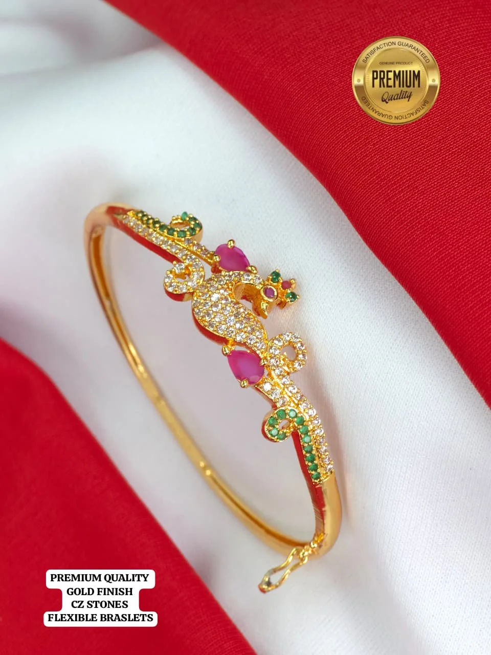 Gold Finish Peacock Design Flexible Bracelet with CZ Stones 3