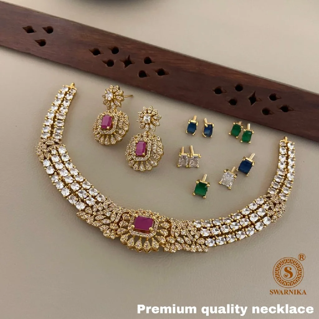 Gold Plated Ruby and White Stone Necklace Set