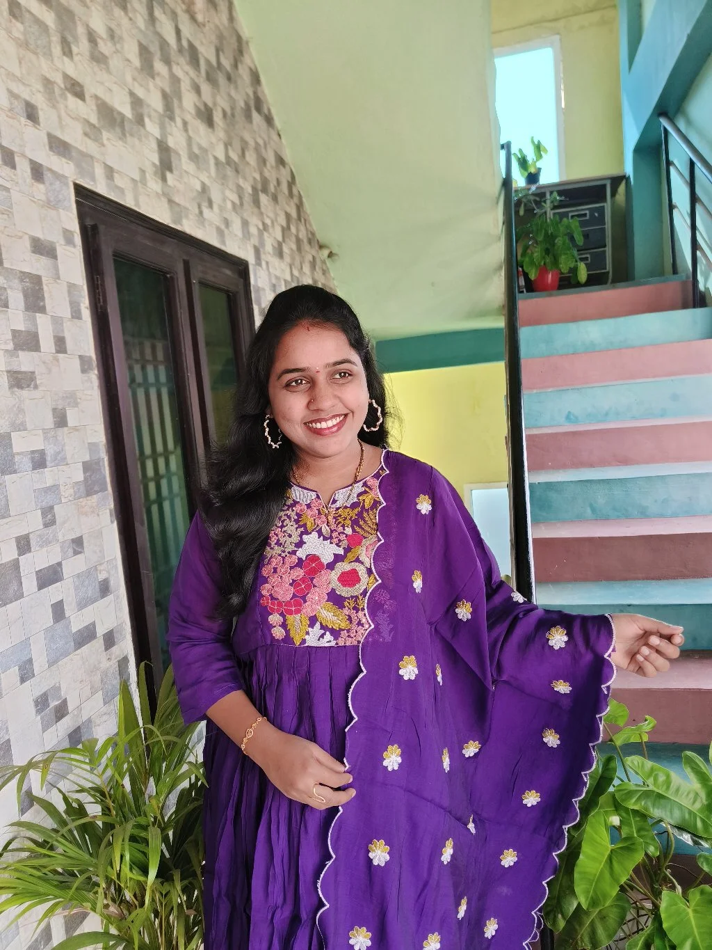 Purple Embroidered Chinnon Kurta Set with Floral Dupatta thumbnail 1